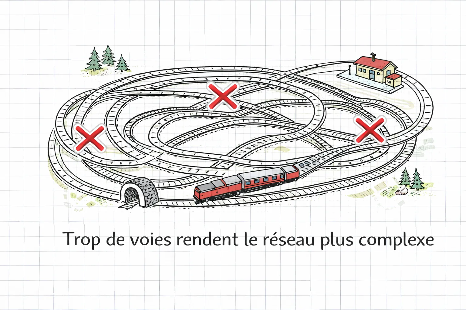 Exemple de réseau de train miniature trop chargé avec des voies trop serrées à éviter