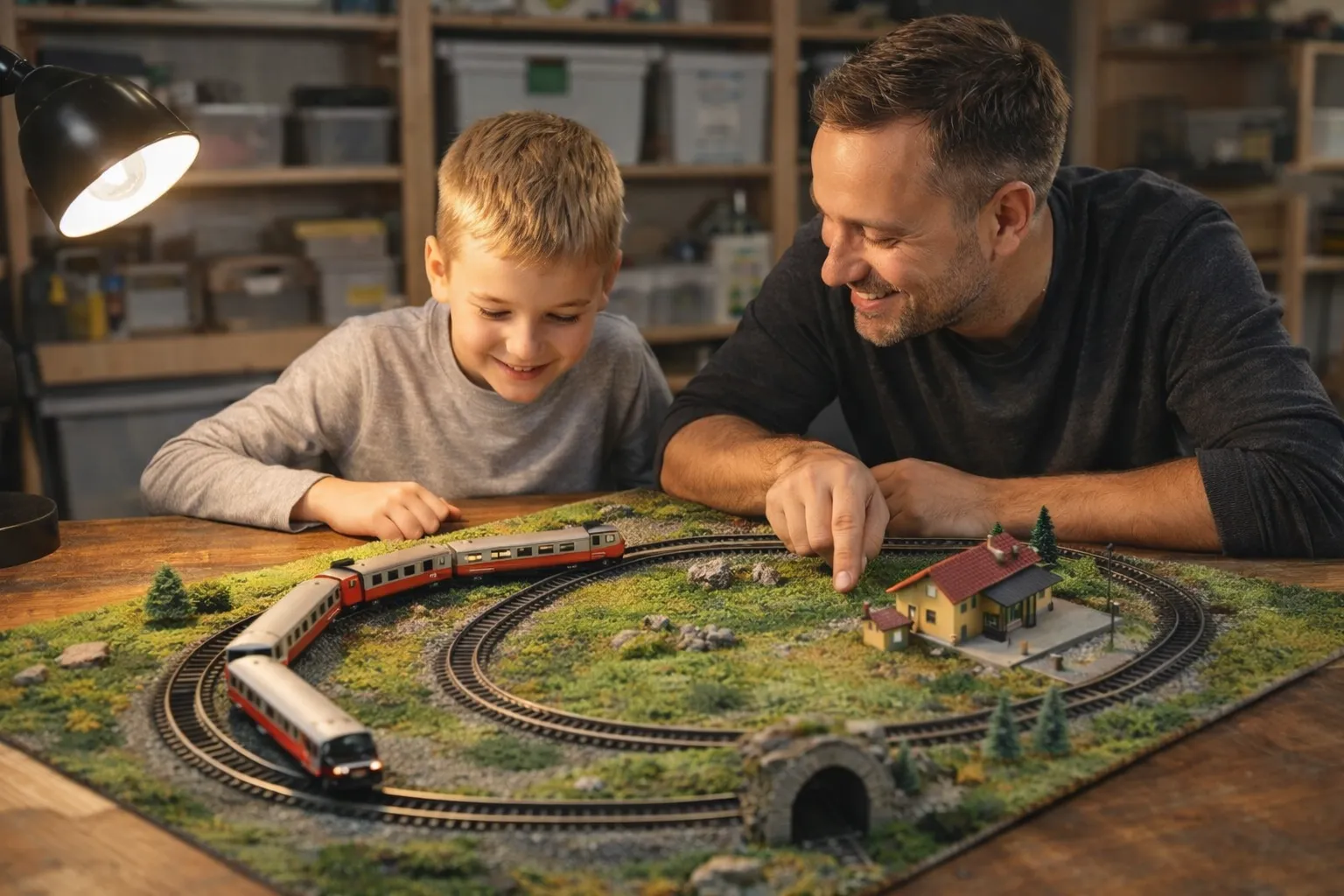 Enfant et adulte découvrant ensemble le modélisme ferroviaire autour d'un réseau de train miniature