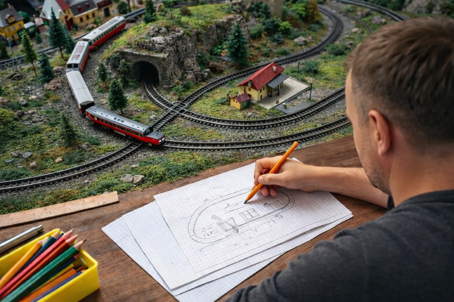 Tracé d’un réseau de train miniature HO vu de dessus avec un adulte dessinant le plan du réseau