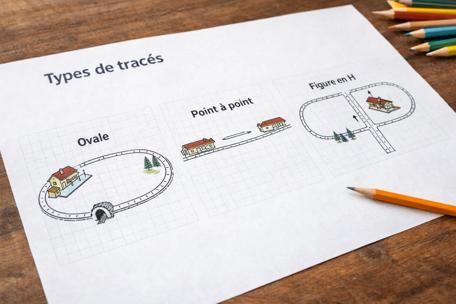 Différents types de tracés de réseau de train miniature : ovale, point à point et figure en H