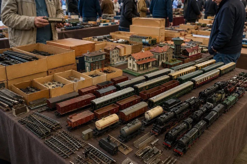 Stand de bourse de modélisme ferroviaire HO avec du matériel d’occasion
