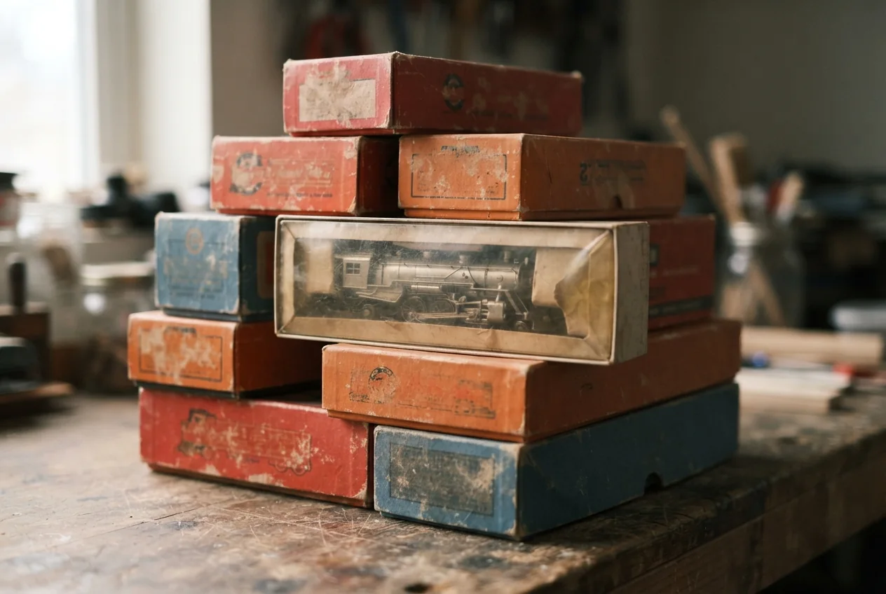 Boîtes cartonnées anciennes de trains miniatures HO empilées sur un établi
