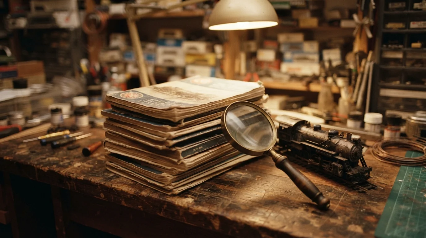 Pile de catalogues Jouef anciens posés sur un établi de modéliste