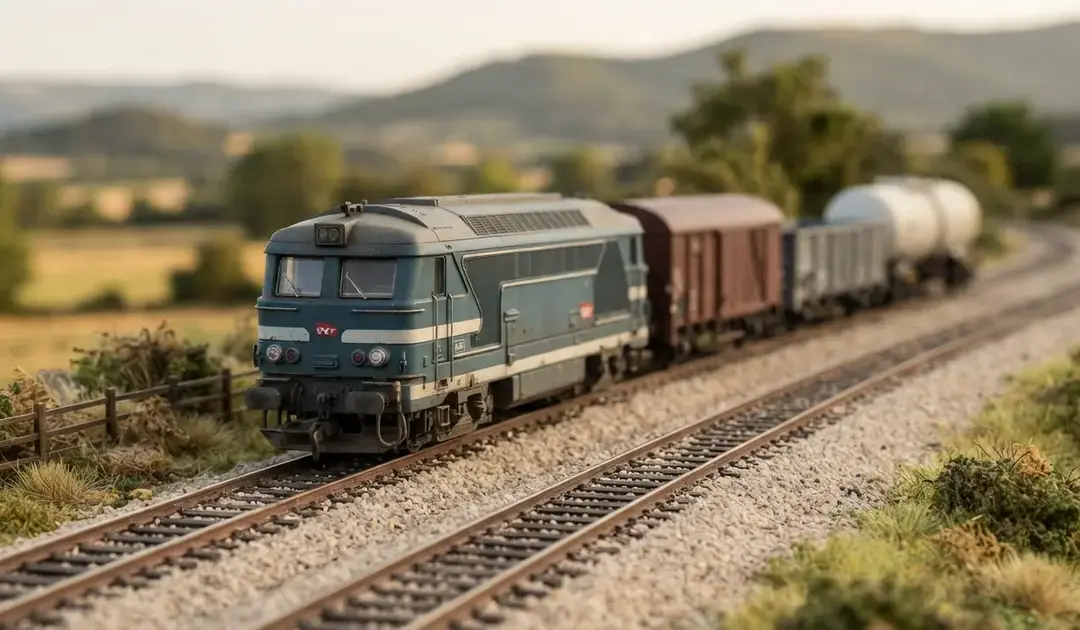 Locomotive diesel SNCF BB 67400 et ses wagons de marchandises dans une courbe d’un circuit train HO