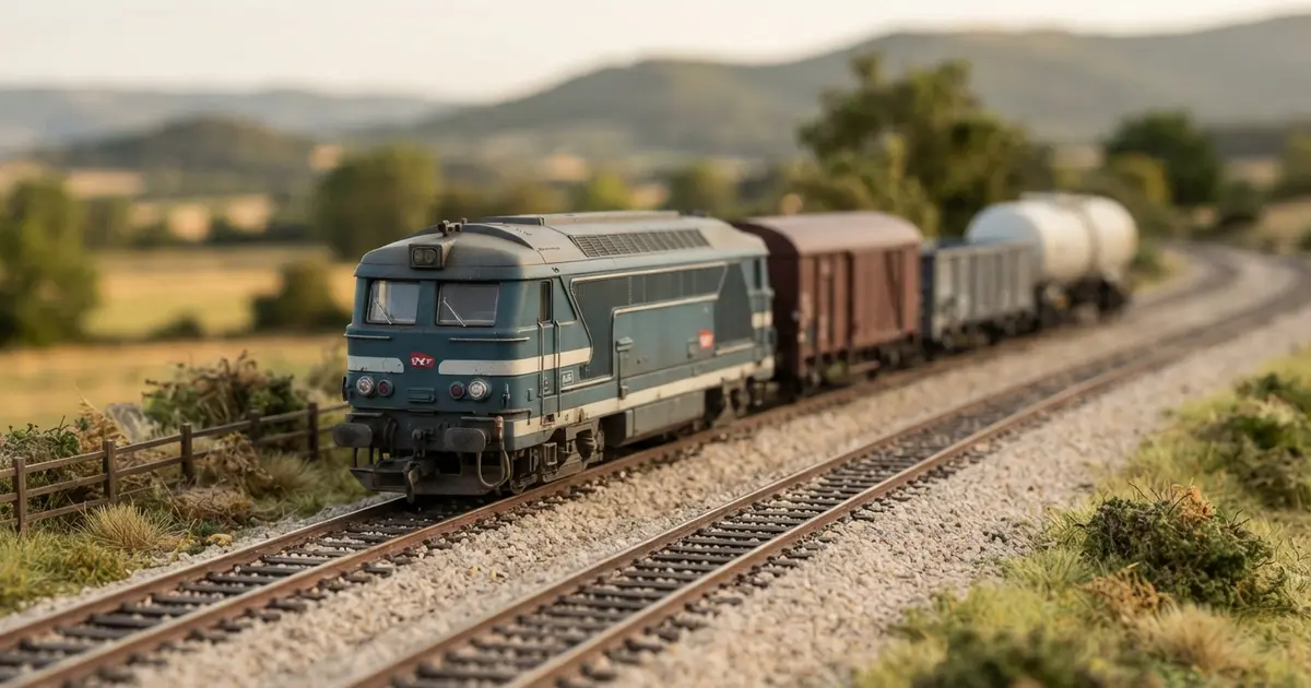 Locomotive diesel SNCF BB 67400 et ses wagons de marchandises dans une courbe d’un circuit train HO