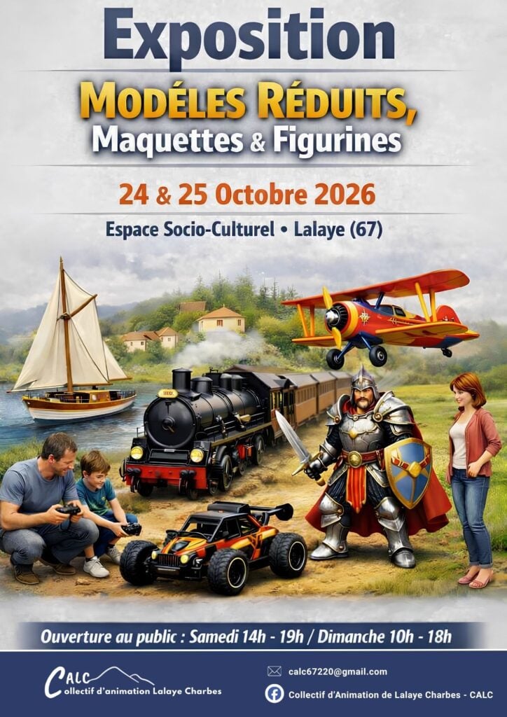 Affiche de l’exposition Modèles réduits, maquettes et figurines, les 24 et 25 octobre 2026 à l’espace socio-culturel de Lalaye (67)