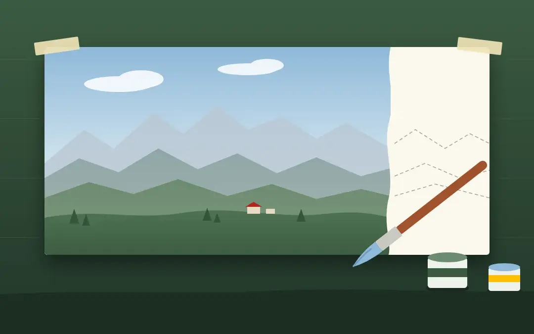 Illustration d’un fond de décor HO en cours de peinture : ciel dégradé et montagnes de plus en plus pâles, pinceau et pots de peinture