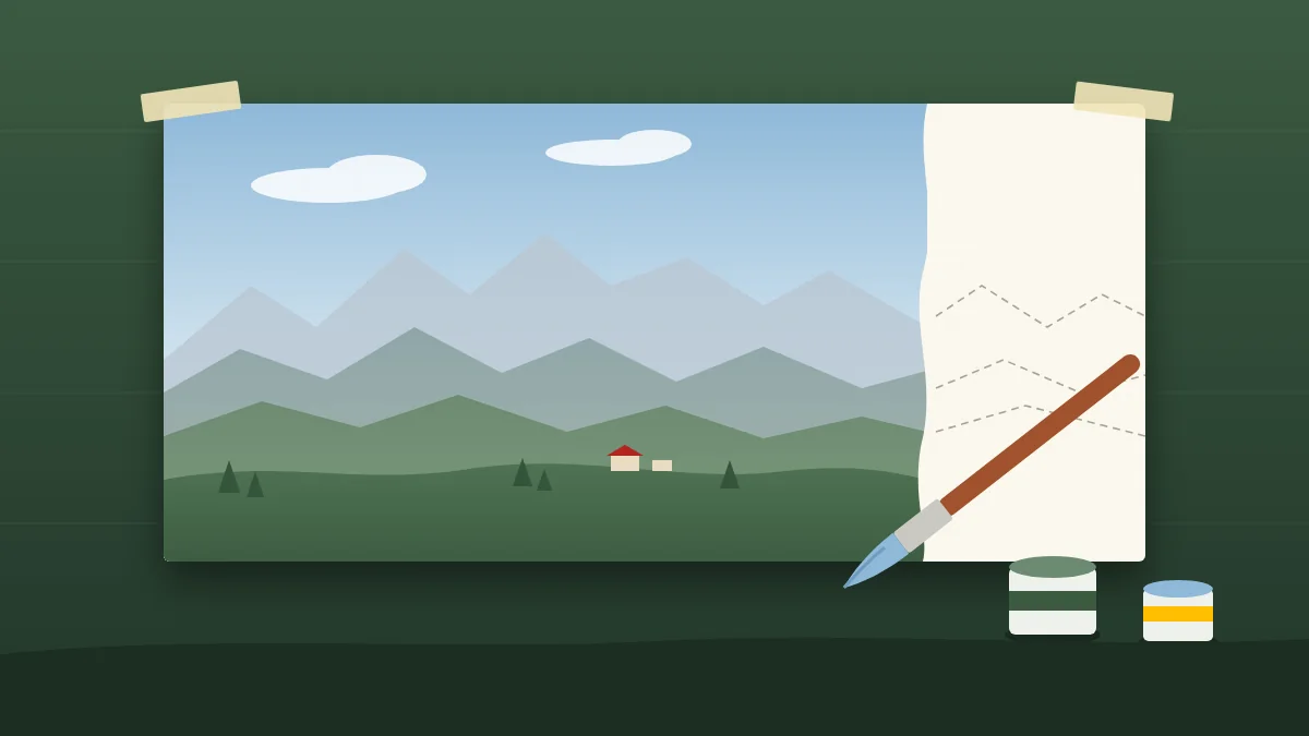 Illustration d’un fond de décor HO en cours de peinture : ciel dégradé et montagnes de plus en plus pâles, pinceau et pots de peinture