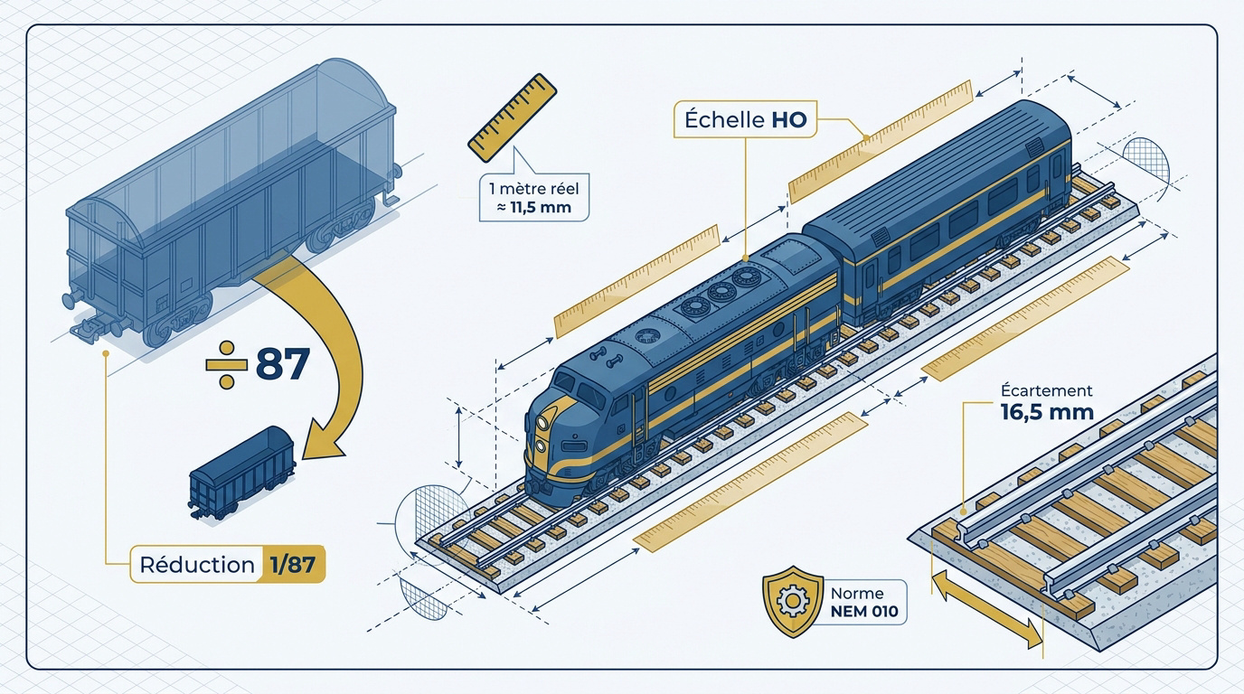 Infographie de l’échelle HO : réduction au 1/87, un mètre réel vaut 11,5 mm, écartement de voie de 16,5 mm