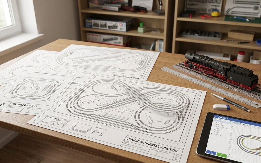 Plans de réseau ferroviaire HO sur une table avec une locomotive miniature et une tablette affichant un logiciel de tracé.