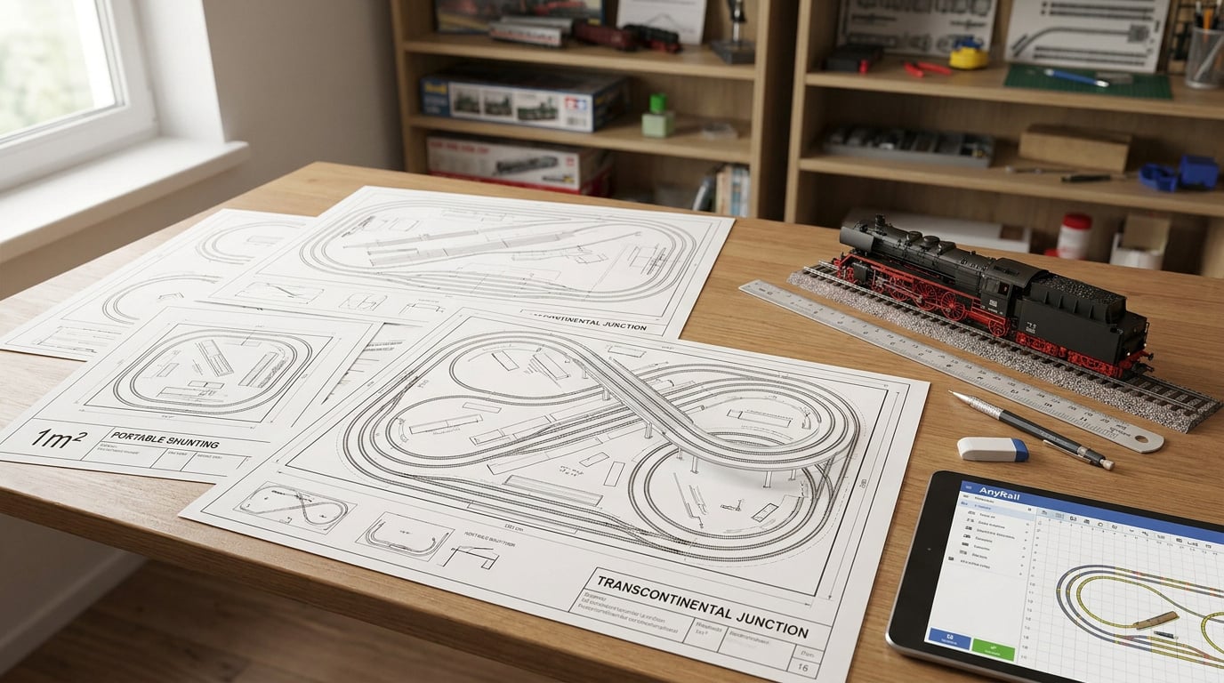 Plans de réseau ferroviaire HO sur une table avec une locomotive miniature et une tablette affichant un logiciel de tracé.
